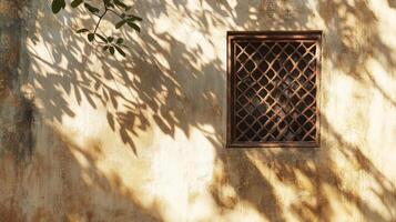 A Window with a Rusty Grid and a Wall Covered in Leaf Shadows photo