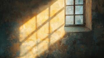 Sunlight streaming through a window onto a weathered wall photo