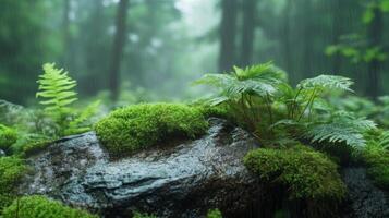Moss-Covered Rock in a Rain-Soaked Forest photo