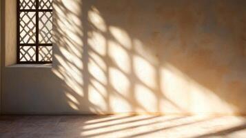 Sunlight Streaming Through a Window with Lattice Pattern Casting Shadows on a Wall and Floor photo