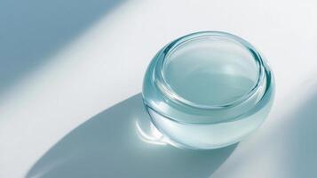 A Glass Jar of Clear Liquid on a White Background with Light Shadows photo