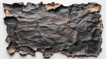 A piece of charred, cracked paper with a rustic and weathered texture photo