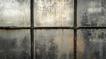 A Close-Up of a Frosted Window with Rusted Metal Framing photo
