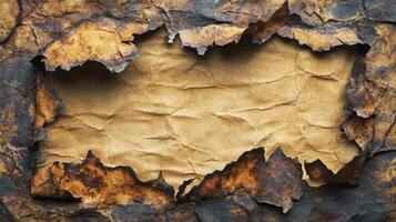 Burned and Cracked Rusty Surface with a Creased Paper Frame photo