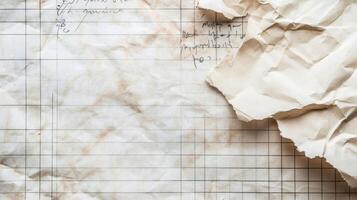 Crumpled Paper Overlaid on Gridded Paper with Handwritten Notes photo