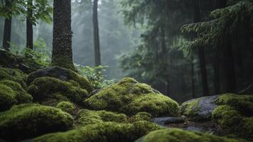 Moss-Covered Rocks in a Rain-Drenched Forest photo