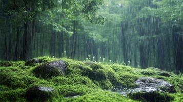 Rain Falling on Mossy Rocks in a Lush Forest photo