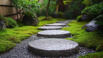 Stone Path Through Lush Green Mossy Garden photo