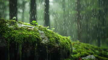 Mossy Rock in a Rain-Soaked Forest photo