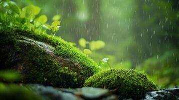 Lush Mossy Rocks Under a Rain Shower in a Verdant Forest photo