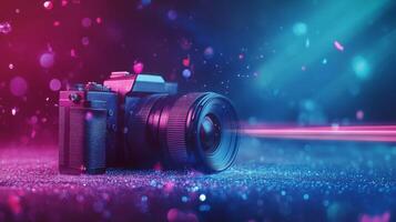 A DSLR Camera Under Neon Lights and Glittering Particles photo
