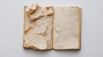 An Open Notebook With Crumpled Pages Inside photo