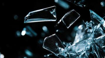 Sharp, Iridescent Shards of Shattered Glass Against a Black Background photo