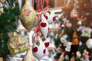 Christmas composition with elegant decorations. Beautiful showcase of store decorated for Christmas and New year photo