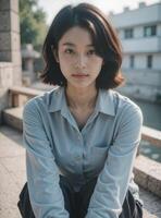 A young woman sitting on a ledge with a building in the background photo