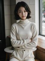 A woman in a cream turtle neck sweater and white pants photo