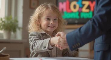 Zoe - Joyful Blonde Toddler Girl Reaching for Adult Hand, Symbol of Trust and Guidance in Colorful Setting photo