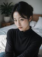 Elegant East Asian Model in Black Turtleneck, Serene Bedroom Scene photo