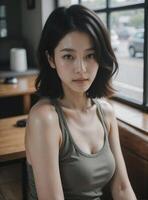Alluring East Asian Model in Beige Top, Cafe Window Portrait photo