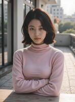Elegant East Asian Model in Pink Turtleneck, Sunlit Urban Portrait photo