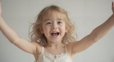 Zoe - Ecstatic Blonde Toddler Girl in White, Joyful Movement photo