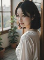 Graceful East Asian Woman by Window, Soft Indoor Lighting photo