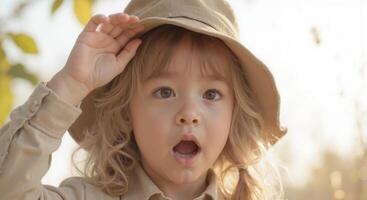 A young girl wearing a hat and looking surprised photo