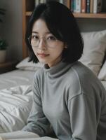 Young asian woman wearing glasses reading a book photo