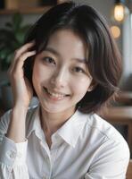 A woman smiling while sitting at a table photo