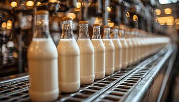Glass bottles in a row at beverage factory generated by AI photo