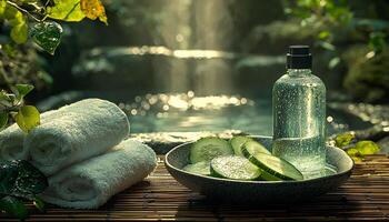 Refreshing water on leaf, wood table, healthy lifestyle generated by AI photo