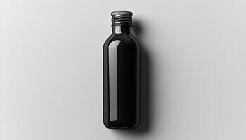 Glass bottle with clear liquid and shiny label generated by AI photo