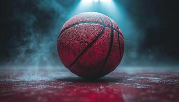 Playing basketball under spotlight, team success in motion generated by AI photo