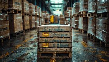 Stacked crates in warehouse, pallets of wood stored generated by AI photo