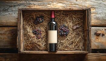 Rustic wine bottle on old wooden table leaf generated by AI photo