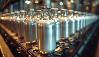 Glass bottles in a row at beverage factory generated by AI photo
