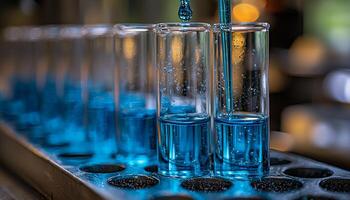 Scientific experiment in laboratory with glass equipment drop generated by AI photo
