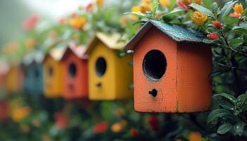 Birdhouse on tree branch, animal nest in nature generated by AI photo