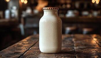 Fresh milk bottle on rustic wooden table indoors generated by AI photo