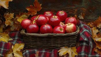 Fresh apple harvest in rustic wicker basket autumn generated by AI photo