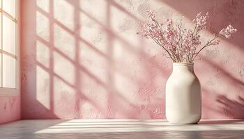 Sunlight streams through window, illuminating rustic vase bouquet generated by AI photo
