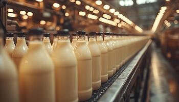 Factory machinery in a row producing fresh bottled drinks generated by AI photo