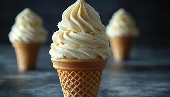 Ice cream cone on wooden table, summer refreshment generated by AI photo
