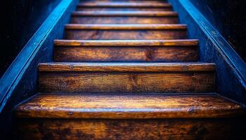 Old wooden staircase leading up in rustic home generated by AI photo