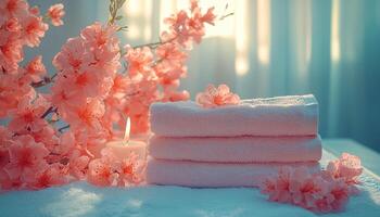 Soft pink petals stack in luxurious spa treatment generated by AI photo