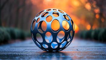 Shiny sphere reflection on metallic green grass backdrop generated by AI photo