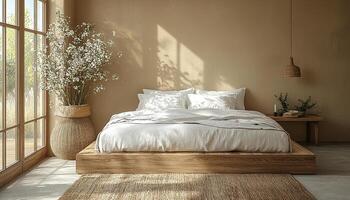 Modern bedroom with comfortable bed and elegant decor generated by AI photo