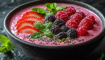 Raspberry yogurt dessert with mint leaf on table generated by AI photo