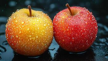 Fresh apple drop, wet leaf, healthy eating nature generated by AI photo