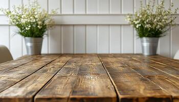 Rustic table with modern vase on hardwood floor generated by AI photo